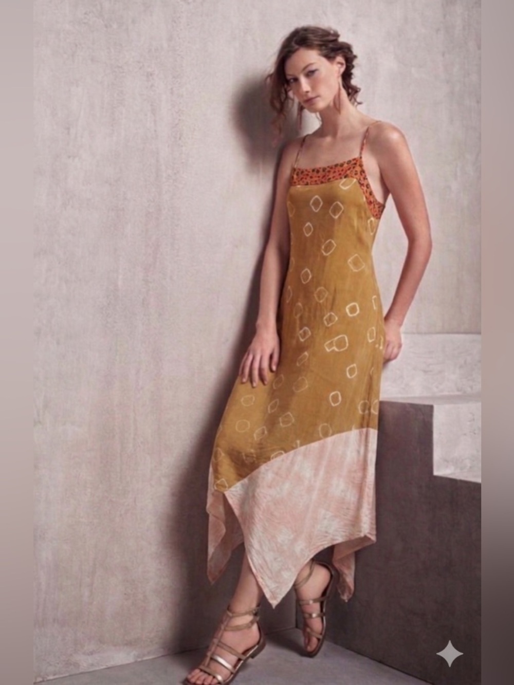 Anthropologie Dress Embroidered Neckline Modal Slip Dress Handkerchief Hem boho